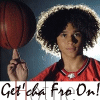 A person in a red jersey balances a basketball on a finger, with repeated text below.