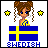 Pixel art contact sheet showing two animated frames of a cartoon girl with brown braided hair and blue eyes standing behind the Swedish flag, with stars changing color between frames.