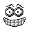 Pixelated cartoon face with wide eyes and a broad grin, showing two states: one with open eyes and another with closed eyes.