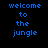 Four display 'welcome to the jungle' text in blue pixelated font against varying red and black backgrounds