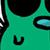 Green cartoon character with large black eyes and a U-shaped mouth, shown in multiple views including close-up, waving pose, and circular frame.