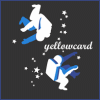 Animated icon with dark gray background showing two stylized figures in blue and white, one standing and one crouching, with white stars and sparkles around them and 'yellowcard' text below.
