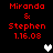 Red pixelated text reads "Miranda & Stephen 1.16.08" on black background with white and gray heart icons appearing in different positions across observations.