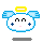 Pixel art character with blue ears, yellow halo, and white face showing two expressions: closed eyes with plus cheeks and open eyes with pink mouth.