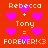 Red background with pink hearts and white text reading "Rebecca + Tony = FOREVER! <3" repeated twice.