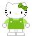 Pixel art of a white cat character with green bow, yellow nose, black eyes and whiskers wearing green dress over light green sleeves against gray background.