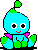 Pixelated character with large eyes and a small smile sits in lotus pose, changing colors across frames.