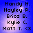 Blue background with white light effects displays four identical name lists in a , each listing Mandy H., Hayley P., Erica B., Kylie C., Matt T. with a heart symbol
