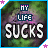 identical pixelated icons with 'MY LIFE SUCKS' text, each featuring a green and purple textured background bordered by blue and pink stars