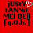 Red background with black text reading 'jUSTY tANNiE MEI BELL [q.0.h.]' and a white pixelated heart symbol above the 'tANNiE' line.