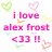 Pixelated image with pink text reading 'i love alex frost <33 ||' surrounded by small heart and arrow icons in green, pink, yellow, blue, and red hues.