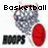 Pixelated icon with basketball hoop and red backboard, displaying text changes between 'Basketball' and 'Live Breath Sleep' with 'BROPS' below.