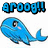 Two pixelated blue whale icons with pink cheeks and black eyes, each paired above with 'groog!!!' text in contrasting colors.