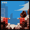 Pixel art scene with blue sky, city skyline, and chocolate-themed structures featuring red banners.