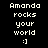 Pixelated text displays 'Amanda rocks your world :]'; one word at a time highlights in bright pink across three