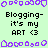 Pixelated green background with purple decorative borders and repeated text "Blogging-it's my ART <3" in black font.