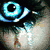 A split-screen image with a close-up of a blue eye on the top-left, a pixelated figure on the top-right, and red text reading 'exit in disgrace' on the bottom-left.