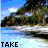 A beach scene with a hill and blue sky, featuring text "TAKE ME AWAY" above three heart icons that change color from black to gray to light gray.