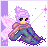 Pixelated character with lavender hair, purple eyes, and a pink-and-purple gradient cloak holding a glowing wand emitting sparkles.