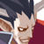Pixelated close-up of a character with spiky dark hair, brown eyes, and a red garment against a white background.