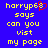 Blue background with yellow pixelated text reading 'horryp68 says can you vist my page' and a red heart symbol replacing the 'e' in 'horryp68'.