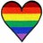 A heart-shaped icon with horizontal rainbow stripes in red, orange, yellow, green, blue, and purple, rendered in pixelated style.