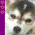 Pixelated static image shows a stylized face with dark hair, large eyes, and light skin tones against a muted background with purple vertical stripe containing orange circular patterns.