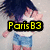A person with long dark hair in a white tank top and blue denim shorts appears in six , each displaying 'Paris B3' text in different colors