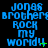 Blue pixelated text on black background reads 'jons brothers rock my world!' with green plus signs and exclamation marks in different positions across repeated