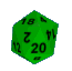 Green polyhedral dice with black numerals on each face, displayed in a of five and five against a gray background