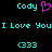 Pixelated cyan text and symbols on black background: 'Cody' with pink heart, 'I Love You', '(333)' repeated twice.