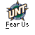 Two identical static frames of a pixelated buddy icon featuring the UNT logo with "Fear Us" text below, displayed on a gray background alongside promotional text for badassbuddy.com.