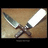 Two crossed swords with glowing blades on a brown textured background, rendered in low-resolution pixel art style.
