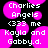 Pixelated text on a black background with bright pink circular shapes, displaying names and phrases in white blocky font.