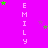 A static image with a bright pink background featuring vertical of the name 'EMILY' in white pixelated text, scattered green and purple stars, and a gray rectangular shape at bottom right