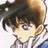 A 48x48 pixel buddy icon featuring a split composition with an anime character on the left and text elements on the right against a black background.