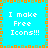 Pixelated cyan background with orange and green border, displaying repeated text "I make Free Icons!!!" in white block letters across four quadrants.