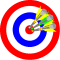 A circular target with red, white, and blue rings contains three arrows with yellow, green, and gray fletchings embedded in the center.