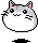 Pixelated cat head with gray top, white belly, pink inner ears, black whiskers, and small pink cheeks on gray background.