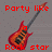 Pixelated image of a red electric guitar with a flame design, set against a gray background with scattered light squares, featuring red pixelated text reading "Party like Rock star".