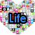 Heart-shaped icon composed of colorful pixelated squares with blue text 'Life' on a white background.