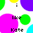 Pixelated image with colorful circles and text fragments on a white background, featuring words like 'i', 'she', 'like', 'Kate', 'GF', 'is', 'my' in black pixel font.