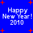 Blue background with red plus signs and white text reading "Happy New Year! 2010" in four identical quadrants.