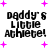 Pixelated text 'daddy's Little Athlete!' in black with pink plus signs scattered on white background, animated variations of star and dot placement.