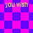 Pixelated image with yellow text 'you wish' on a pink and blue checkered background, transitioning from square to diamond pattern.