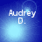 Blue background with light blue circular glow and white text 'Audrey D.' in four quadrants, each showing different positions of a small bright circle.