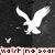 Pixelated white eagle silhouette with outstretched wings on dark background, pink banner below with distorted text.
