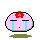 Pixelated pink circular face with red flower on top, black eyes closed in tears, blue tear streaks, small mouth, and shadow below.