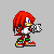 Pixel art character with red spiky hair, white gloves, and red shoes in multiple poses against gray background.