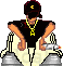 Pixel art character in black shirt and cap with yellow chain, seated on throne-like chair holding silver object, gray background.